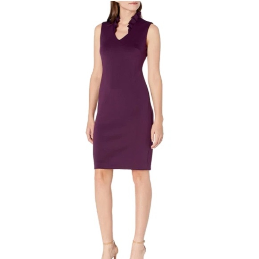 Calvin Klein Simmering Purple Ruffle Collar Midi Dress Party Cocktail Office